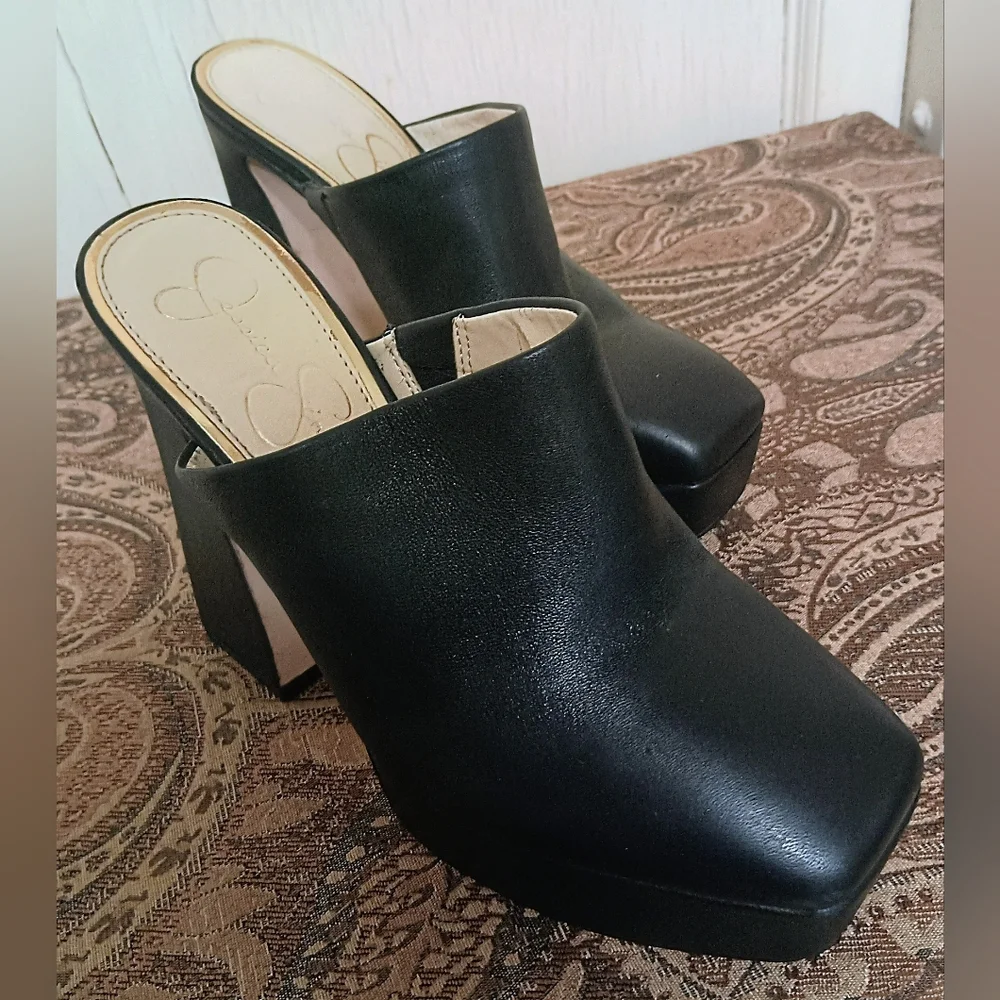 Jessica Simpson Denima Black Leather Platform Slip-On Mules Women's Size 7M - Picture 1 of 12